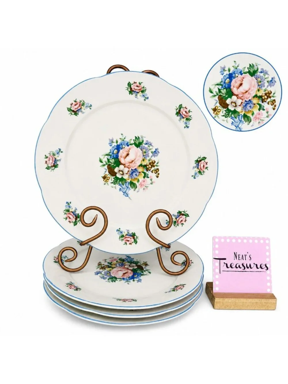 Vintage Tabletops Unlimited TAU71 Floral Blue Trim Oven Safe Dinner Plates Set 4